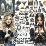 Ghostly Gothic Walls Watercolor Clipart Set - 275+ transparent PNG, Dark academia graphics, Halloween png, Commercial use, Digital download