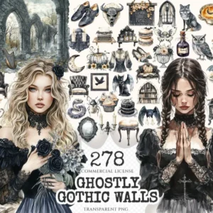 Ghostly Gothic Walls Watercolor Clipart Set - 275+ transparent PNG, Dark academia graphics, Halloween png, Commercial use, Digital download