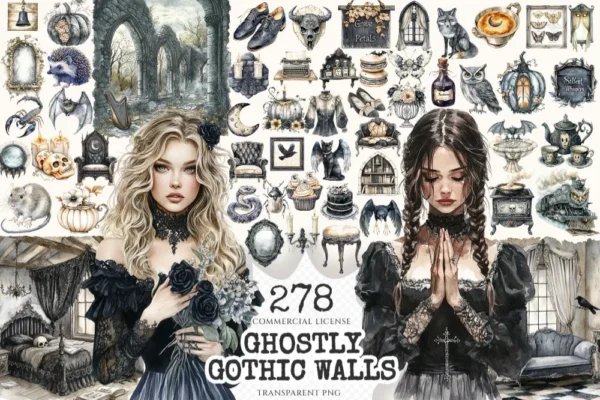 Ghostly Gothic Walls Watercolor Clipart Set - 275+ transparent PNG, Dark academia graphics, Halloween png, Commercial use, Digital download