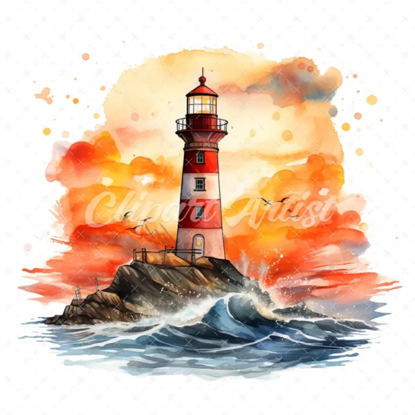 20 High-Quality Sunset Lighthouse Clipart - Sunset lighthouse digital watercolor JPG instant download for commercial use - Digital download