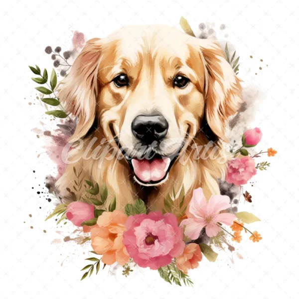 20 High-Quality Floral Golden Retriever Clipart - Retriever digital watercolor JPG instant download for commercial use - Digital download