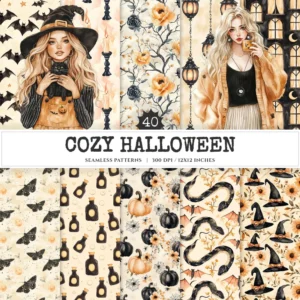 Cozy Halloween Seamless Patterns, Spooky halloween JPEG, Skulls pattern, Witch Hat, Ghosts, Bats repeating pattern, Digital scrapbook paper