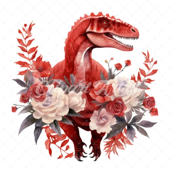 20 High-Quality Red Floral Dinosaur Clipart - Red dinosaur digital watercolor JPG instant download for commercial use - Digital download