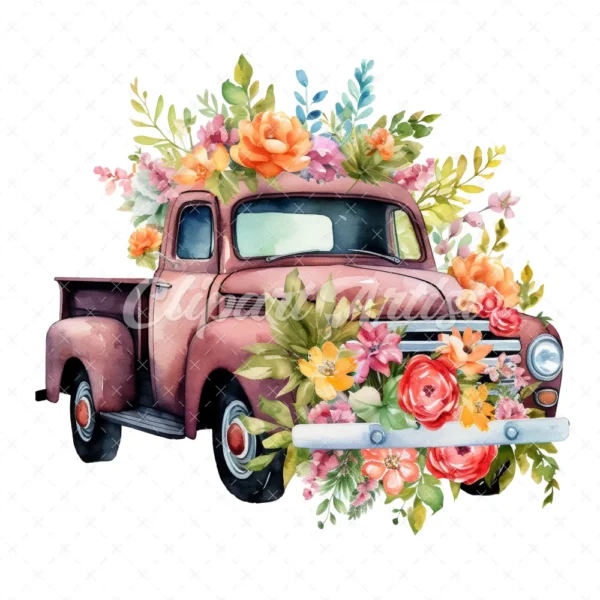 19 High-Quality Floral Truck Clipart - Floral truck digital watercolor JPG instant download for commercial use - Digital download