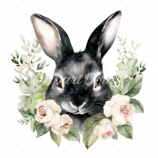 20 High-Quality Black Bunny With White Roses Clipart - Bunny digital watercolor JPG instant download for commercial use - Digital download