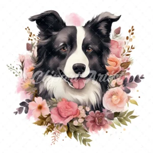 20 High-Quality Floral Border Collie Clipart - Border collie digital watercolor JPG instant download for commercial use - Digital download