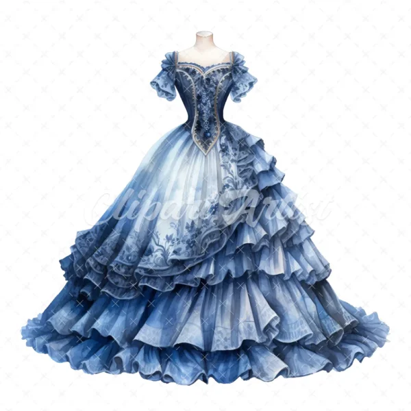 20 High-Quality Blue Victorian Dress Clipart - Victorian dress digital watercolor JPG instant download for commercial use - Digital download