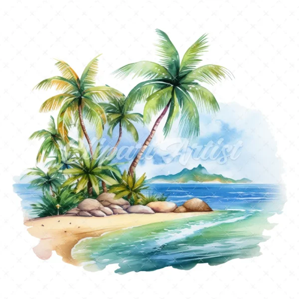 20 High-Quality Tropical Beach Clipart - Tropical beach digital watercolor JPG instant download for commercial use - Digital download