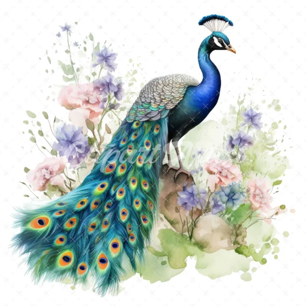 20 High-Quality Peacock in Garden Clipart - Peacock digital watercolor JPG instant download for commercial use - Digital download