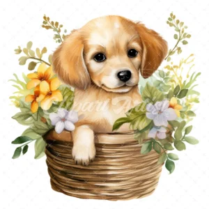 20 High-Quality Puppy in Flower Basket Clipart - Puppy basket digital watercolor JPG instant download for commercial use - Digital download
