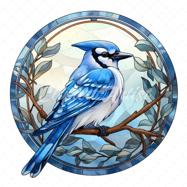 20 High-Quality Blue Jay Stained Glass Clipart - Blue jay digital watercolor JPG instant download for commercial use - Digital download