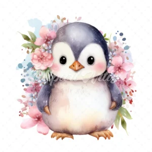 20 High-Quality Floral Baby Penguin Clipart - Baby penguin digital watercolor JPG instant download for commercial use - Digital download