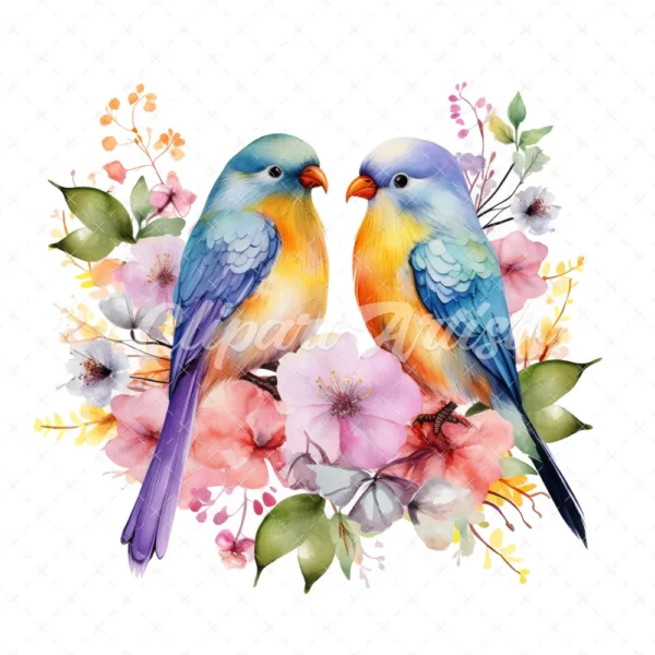 20 High-Quality Floral Love Birds Clipart - Floral love birds digital watercolor JPG instant download for commercial use - Digital download