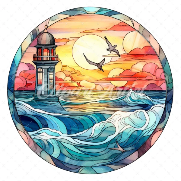 20 High-Quality Seaside Stained Glass Clipart - Seaside digital watercolor JPG instant download for commercial use - Digital download