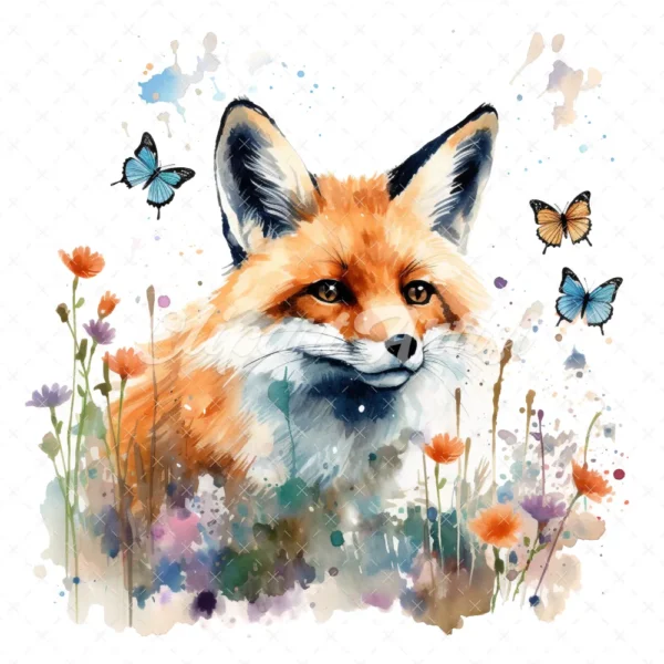 19 High-Quality Fox and Butterfly Clipart - Fox and butterfly digital watercolor JPG instant download for commercial use - Digital download