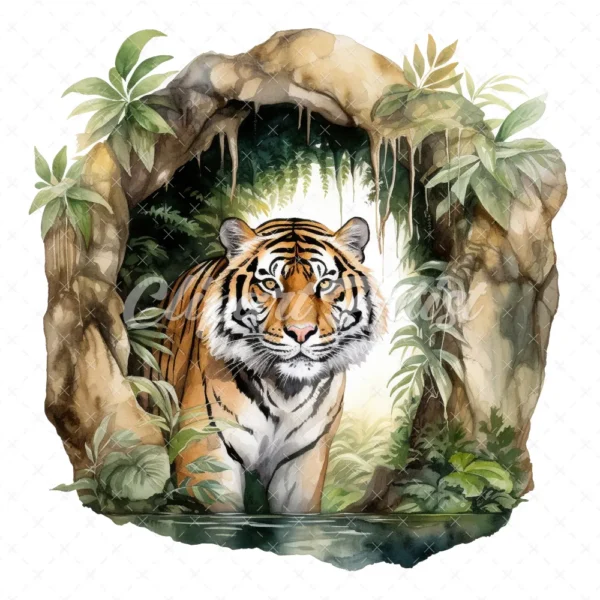 20 High-Quality Forest Cave Tiger Clipart - Cave tiger digital watercolor JPG instant download for commercial use - Digital download