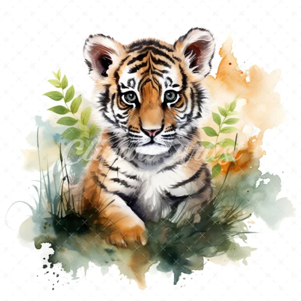 20 High-Quality Forest Tiger Cub Clipart - Forest tiger cub digital watercolor JPG instant download for commercial use - Digital download