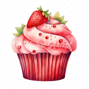 20 High-Quality Strawberry Cupcake Clipart - Cupcake digital watercolor JPG instant download for commercial use - Digital download