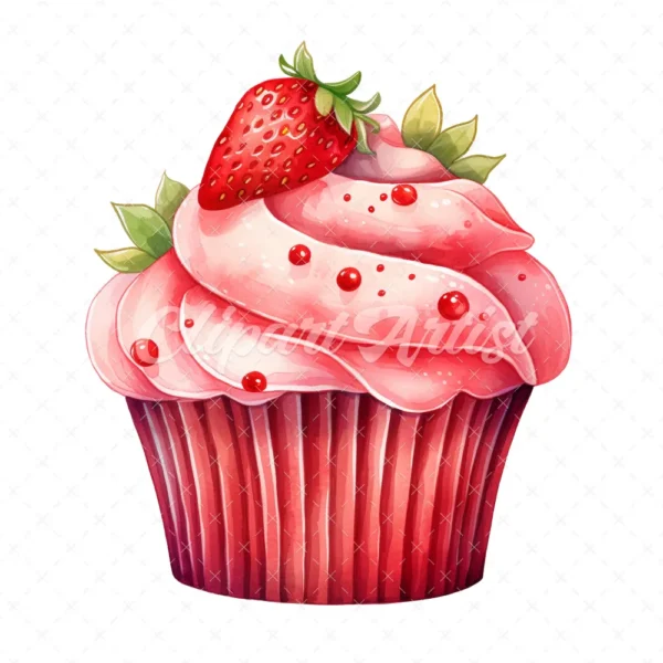 20 High-Quality Strawberry Cupcake Clipart - Cupcake digital watercolor JPG instant download for commercial use - Digital download