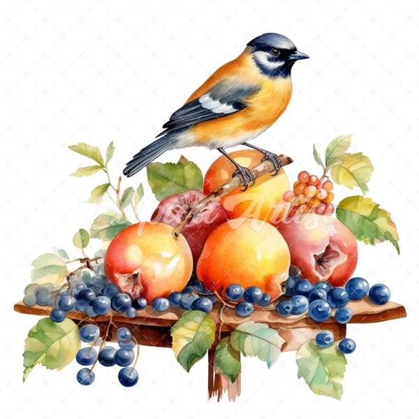 20 High-Quality Bird on Fruits Table Clipart - Bird fruits digital watercolor JPG instant download for commercial use - Digital download