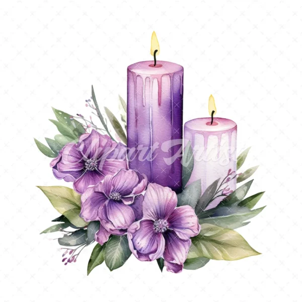 19 High-Quality Purple Floral Candle Clipart - Purple candle digital watercolor JPG instant download for commercial use - Digital download