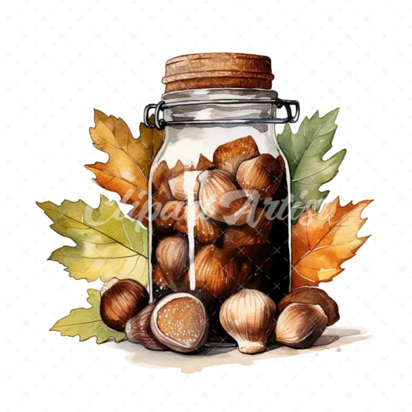 20 High-Quality Acorns Jar Clipart - Acorns jar digital watercolor JPG instant download for commercial use - Digital download