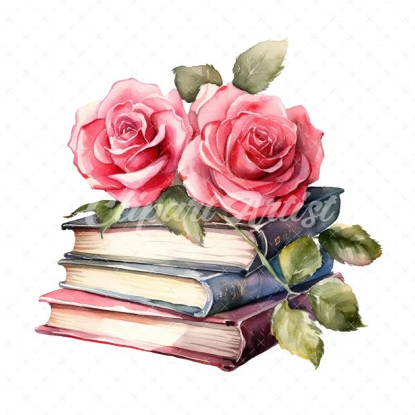 20 High-Quality Rose Books Clipart - Rose books digital watercolor JPG instant download for commercial use - Digital download