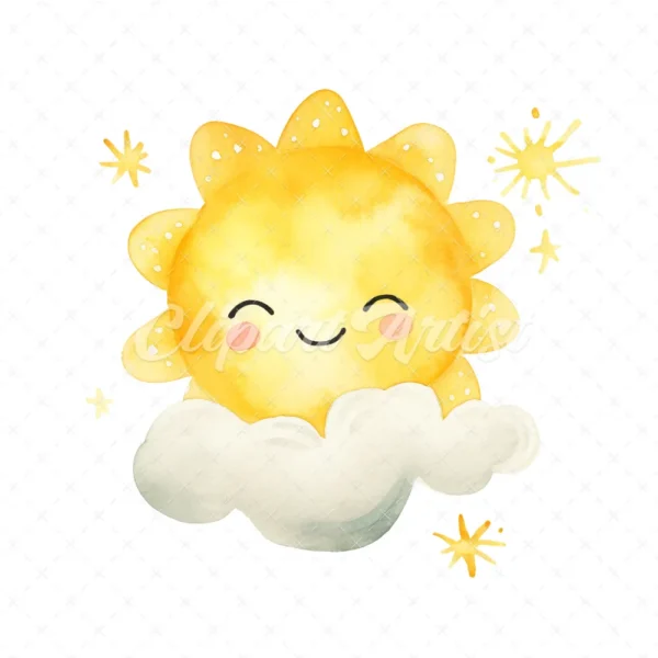 18 High-Quality Cute Sun and Cloud Clipart - Cute sun cloud digital watercolor JPG instant download for commercial use - Digital download