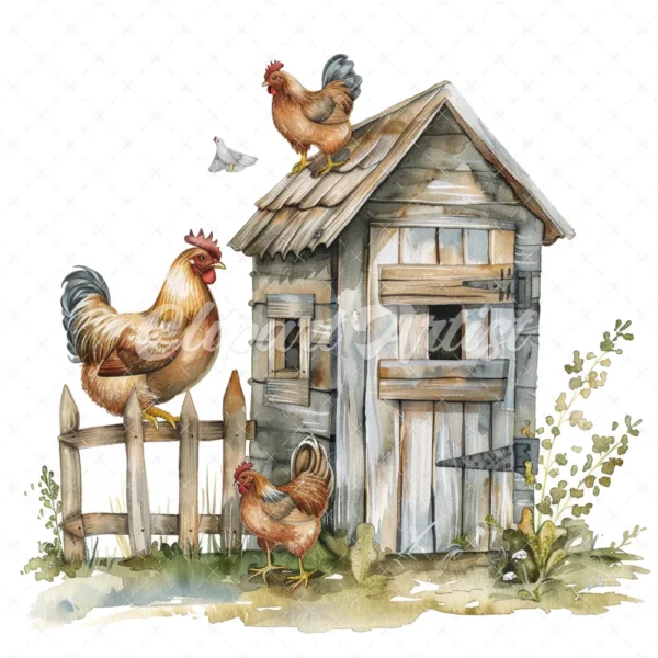 20 High-Quality Chicken Coop Clipart - Chicken coop digital watercolor JPG instant download for commercial use - Digital download