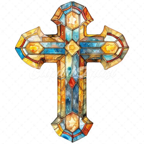 20 High-Quality Stained Glass Cross Clipart - Glass cross digital watercolor JPG instant download for commercial use - Digital download