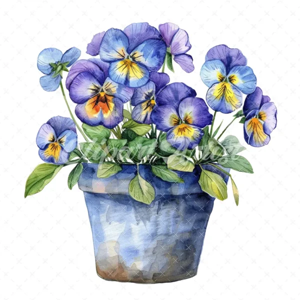 20 High-Quality Pot of Pansies Clipart - Pot of pansies digital watercolor JPG instant download for commercial use - Digital download