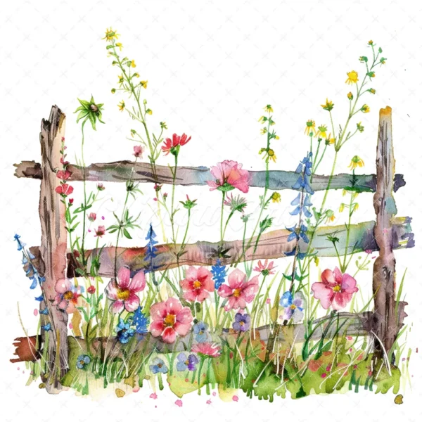 20 High-Quality Fence Wildflowers Clipart - Fence wildflowers digital watercolor JPG instant download for commercial use - Digital download