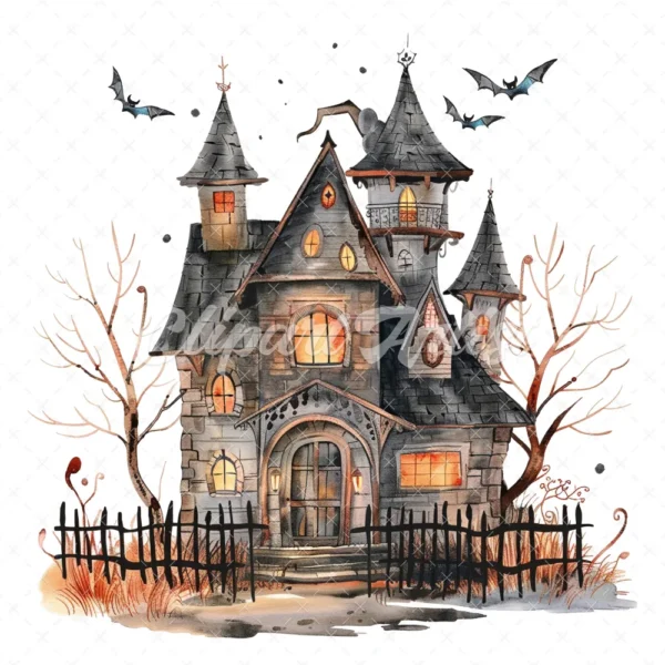 20 High-Quality Haunted House Clipart - Haunted house digital watercolor JPG instant download for commercial use - Digital download