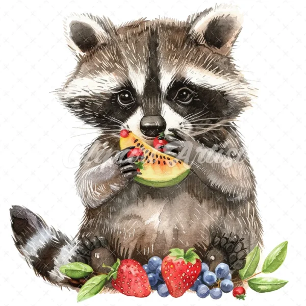 20 High-Quality Cute Fruit Raccoon Clipart - Fruit raccoon digital watercolor JPG instant download for commercial use - Digital download