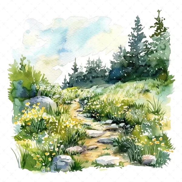 18 High-Quality Spring Meadow Trail Clipart - Spring meadow trail watercolor JPG instant download for commercial use - Digital download
