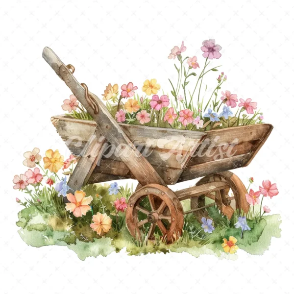 20 High-Quality Rustic Wheelbarrow Clipart - Wheelbarrow digital watercolor JPG instant download for commercial use - Digital download