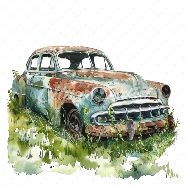20 High-Quality Abandoned Cars Clipart - Abandoned cars digital watercolor JPG instant download for commercial use - Digital download