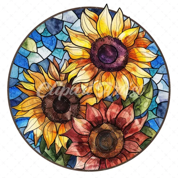 20 High-Quality Stained Glass Sunflowers Clipart - Sunflowers digital watercolor JPG instant download for commercial use - Digital download