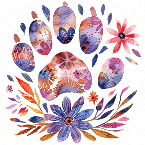 20 High-Quality Floral Paw Prints Clipart - Floral paw prints digital watercolor JPG instant download for commercial use - Digital download