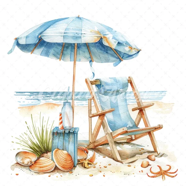 20 High-Quality Beach Set Clipart - Beach set digital watercolor JPG instant download for commercial use - Digital download