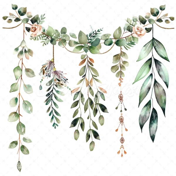 20 High-Quality Boho Leaves Garland Clipart - Boho leaf garland digital watercolor JPG instant download for commercial use -Digital download