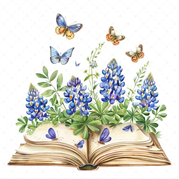21 High-Quality Bluebonnet Floral Book Clipart - Floral book digital watercolor JPG instant download for commercial use - Digital download