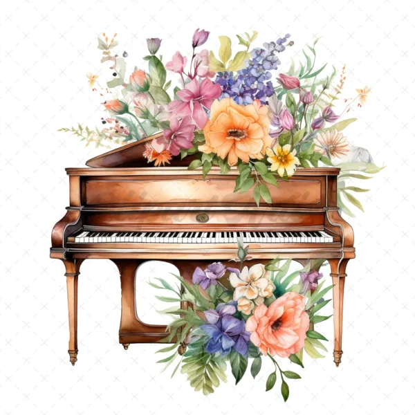20 High-Quality Floral Piano Clipart - Floral piano digital watercolor JPG instant download for commercial use - Digital download