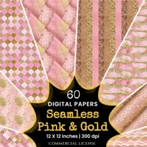 Pink and Gold Glam Glitter Seamless Digital Paper - 60 Scrapbook patterns, Baby shower background, Wedding, Commercial use, Digital download