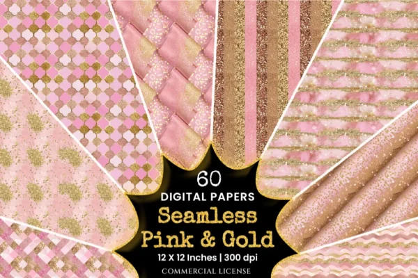 Pink and Gold Glam Glitter Seamless Digital Paper - 60 Scrapbook patterns, Baby shower background, Wedding, Commercial use, Digital download