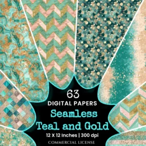 Teal and Gold Seamless Digital Paper - 63 Scrapbook patterns, Teal gold textures, Future journal and cards, Commercial use, Digital download