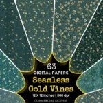 Gold Vines Flowers Seamless Digital Paper - 63 Scrapbook patterns, Vine flower textures, Gold leaf pattern, Commercial use, Digital download