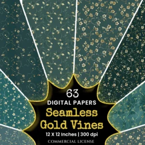 Gold Vines Flowers Seamless Digital Paper - 63 Scrapbook patterns, Vine flower textures, Gold leaf pattern, Commercial use, Digital download