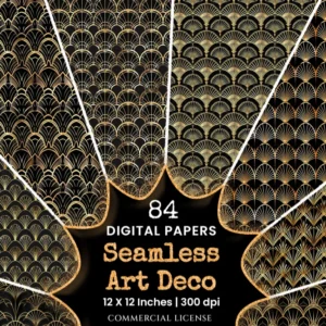 Art Deco Seamless Digital Paper - 84 Scrapbook patterns, Vintage art deco designs, Black and gold pattern, Commercial use, Digital download