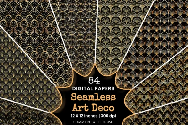 Art Deco Seamless Digital Paper - 84 Scrapbook patterns, Vintage art deco designs, Black and gold pattern, Commercial use, Digital download